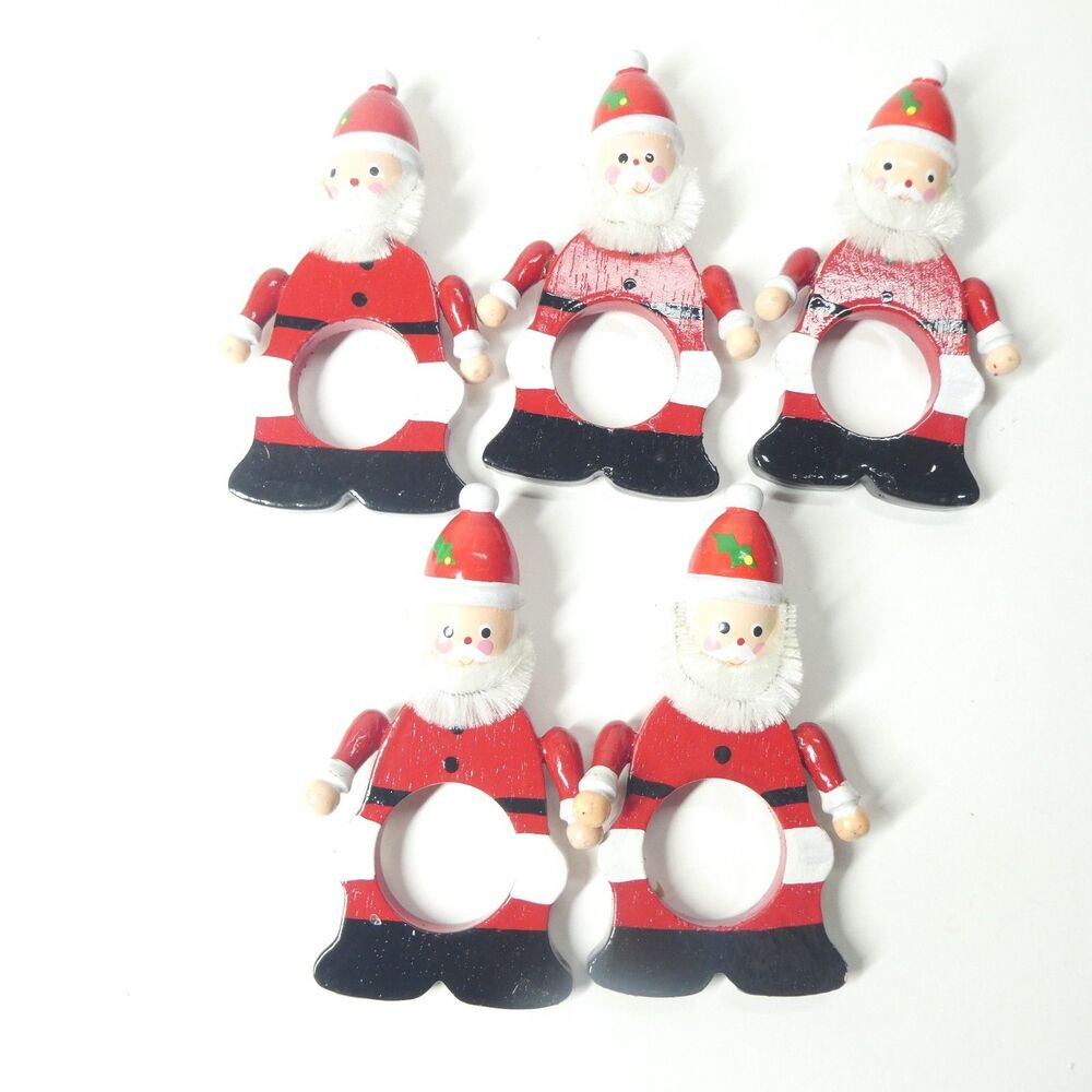 Santa Claus Napkin Rings Wooden Kitsch 1980s Vintage Set of 5 Bottle Brush Beard